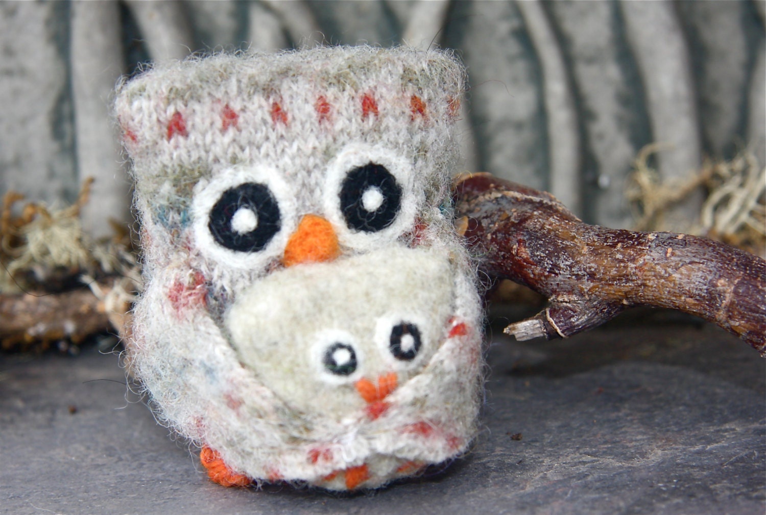 Papa Owl and Baby Rolly Parent Owl holding it's little One eco friendly wool Fathers Day (woolcrazy)