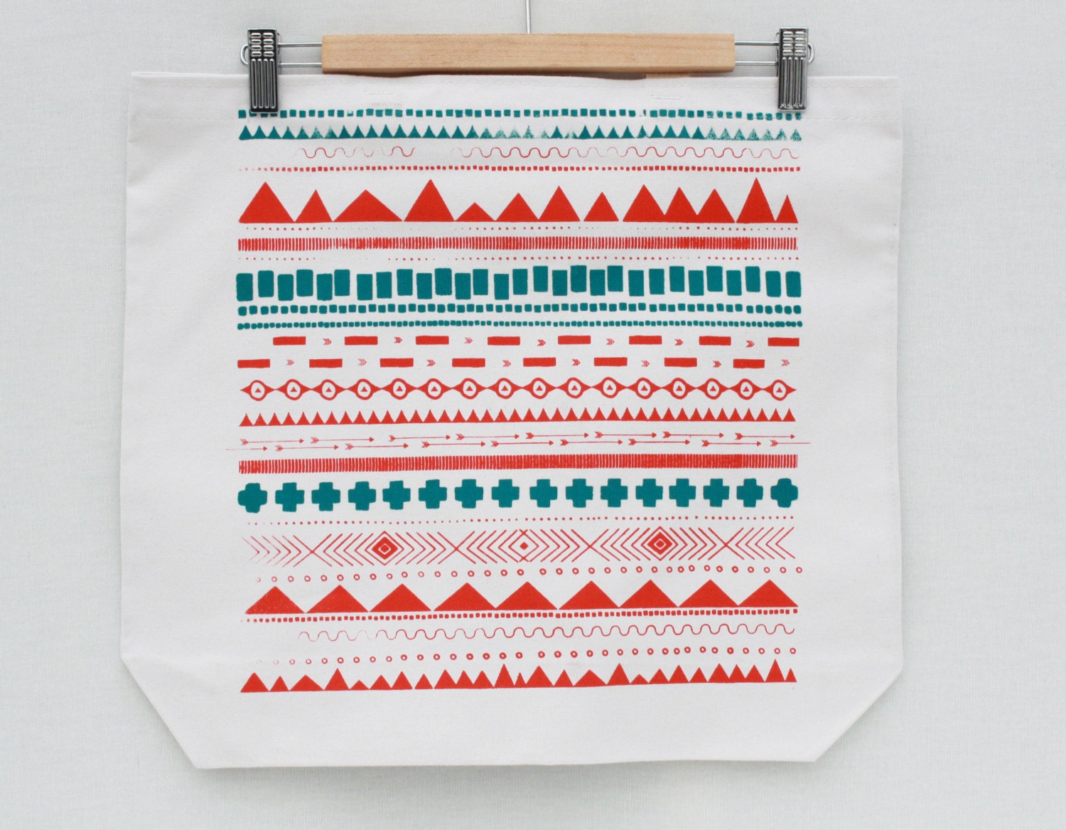 GeoPrint - hot red and teal geometric screenprint, recycled grocery, shopping, everyday tote