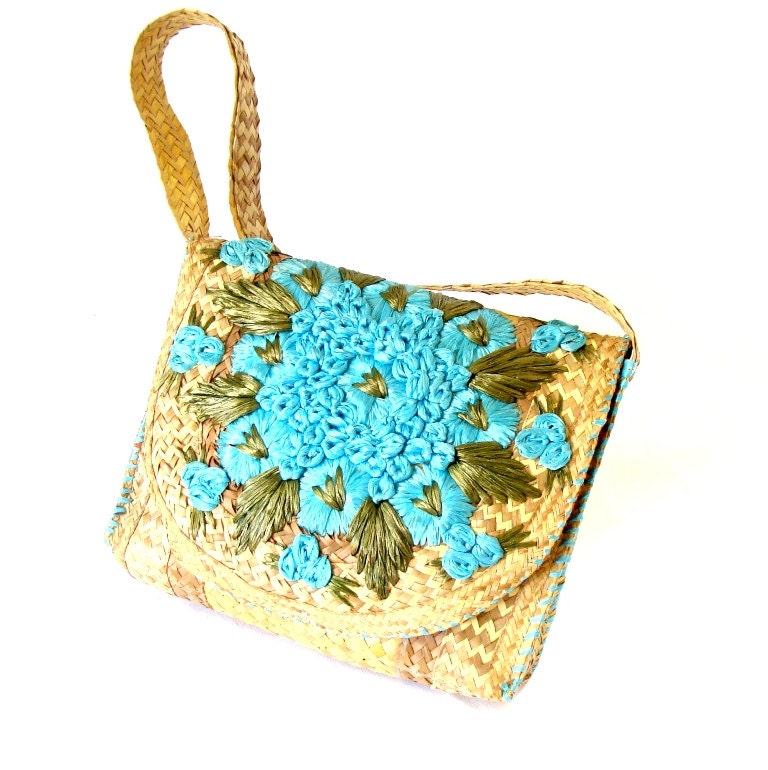 Vintage Green and Aqua Straw and Raffia Handbag