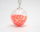 Bubble Collection - Neon Orange Tangerine Glitter Filled Hand Blown Bubble Round Orb Glove Clear Glass Silver Pendant Necklace