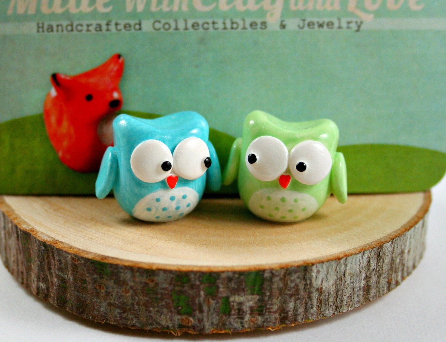 Tree Slice Business Card Holder - Little Owls In Turquoise And Green - Miniature Polymer Clay Animal