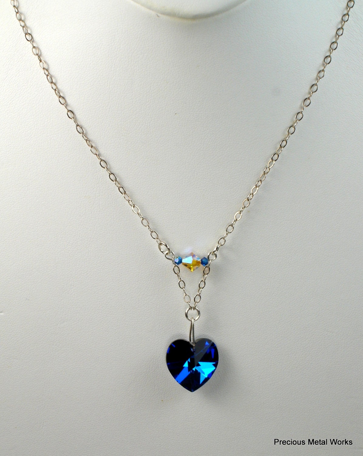 Be Mine, handmade, stationary, Capri blue, 18mm Swarovski crystal, faceted heart and sterling silver chain