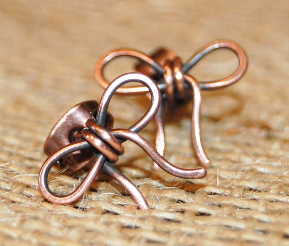 Bow Posts, Studs, Oxidized Copper, Wire Earrings, Wire Jewelry