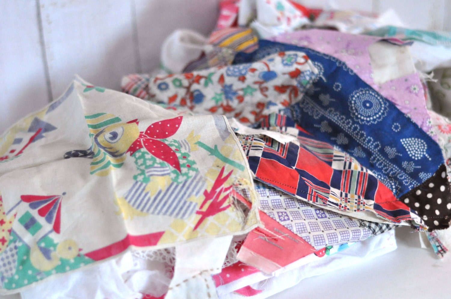 Vintage Cutter Linens and Vintage Fabric Scrap Pack - Over 2 Pounds - Great for Small Projects
