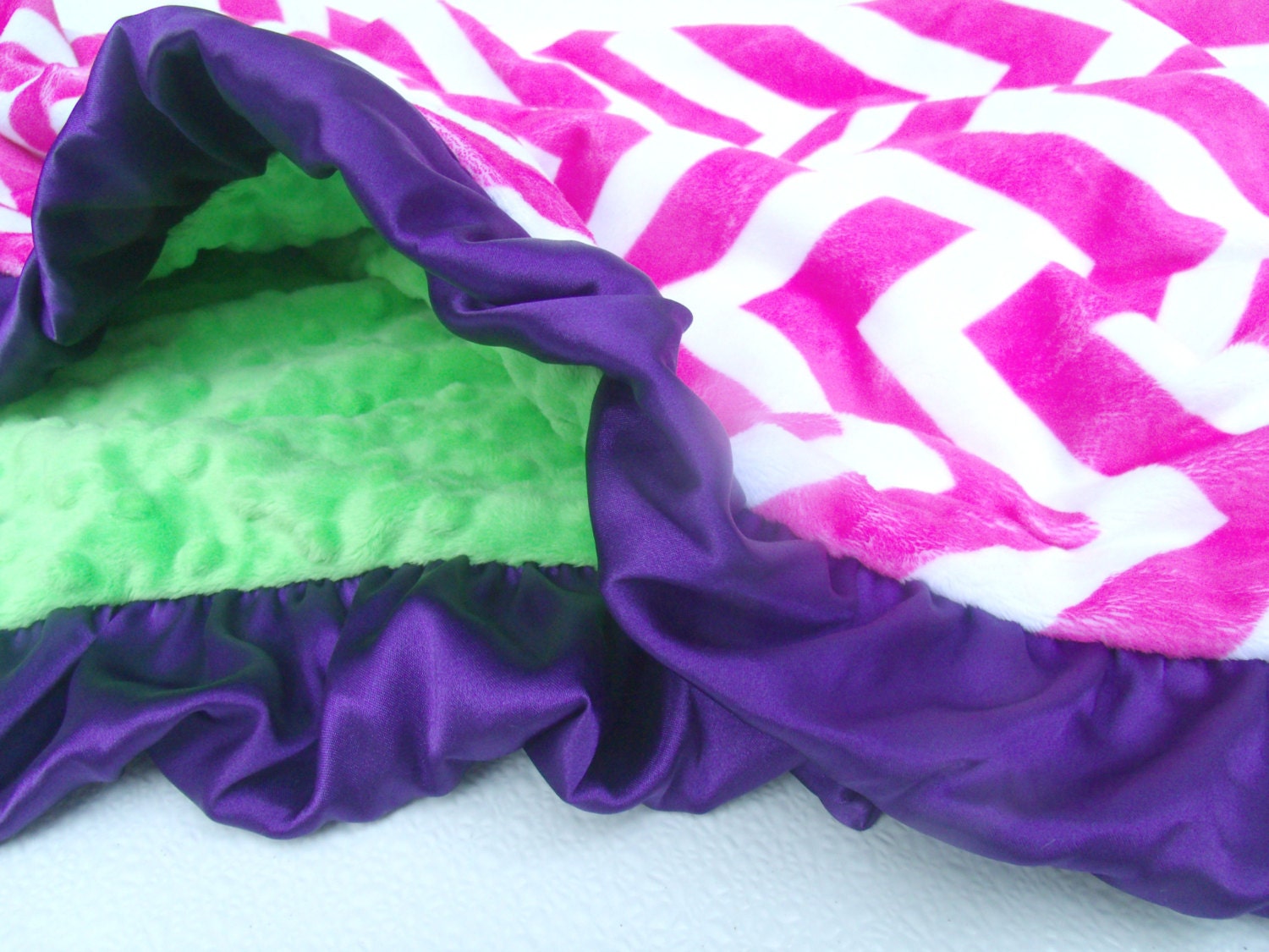 Fuchsia Chevron and Kiwi Dot Minky Blanket with a purple ruffle for baby, toddler, teen or adult