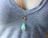 Long gold necklace - bridesmaid necklace - bridesmaid jewelry - gold lariat necklace - chalcedony necklace - green stone necklace