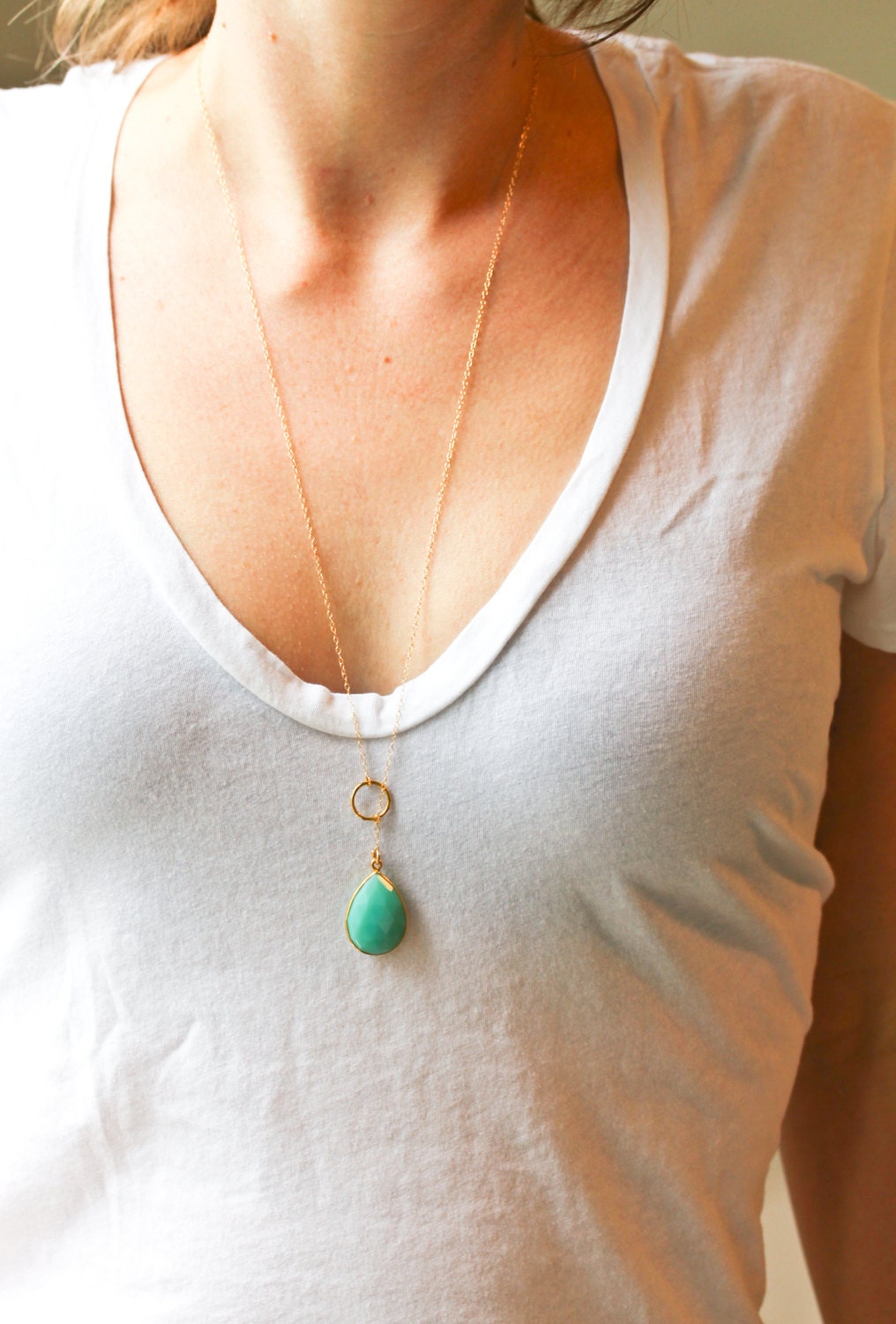 Long gold necklace - long lariat necklace - green stone necklace - gold jewelry - chalcedony necklace - Sea and Cake jewelry