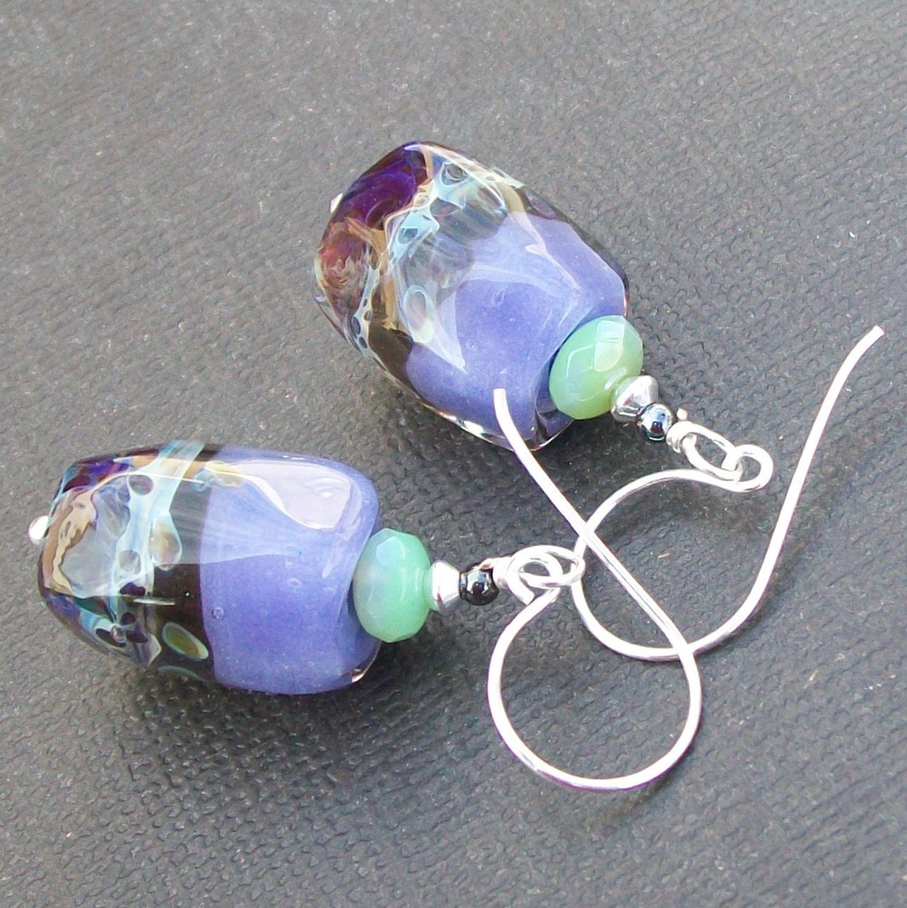 earrings boro glass lavender, charcoal, pale seafoam, ivory spotted beads-   lav strata