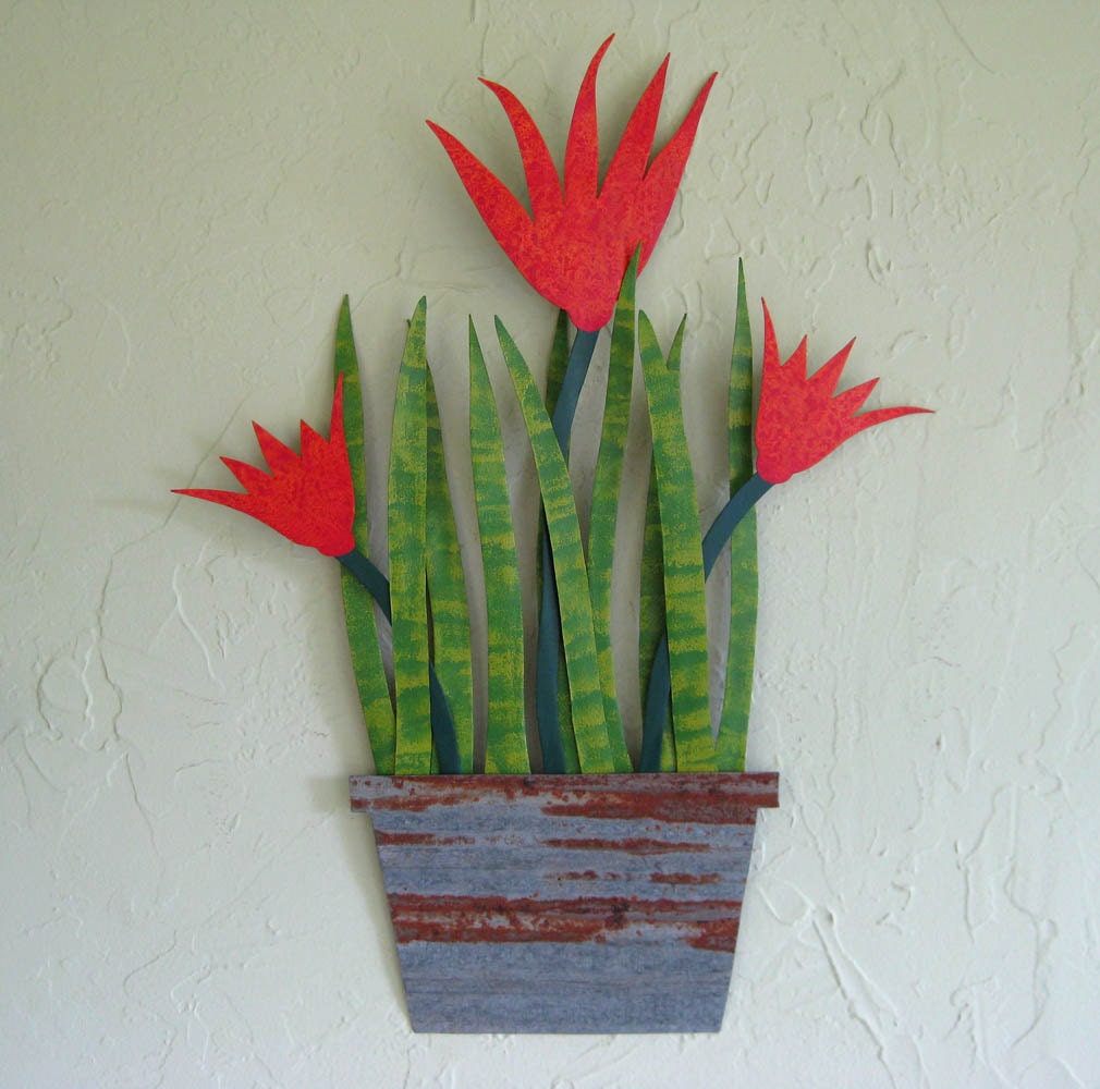 Metal art sculpture metal tropical flower pot hanging wall art red orange kitchen decor