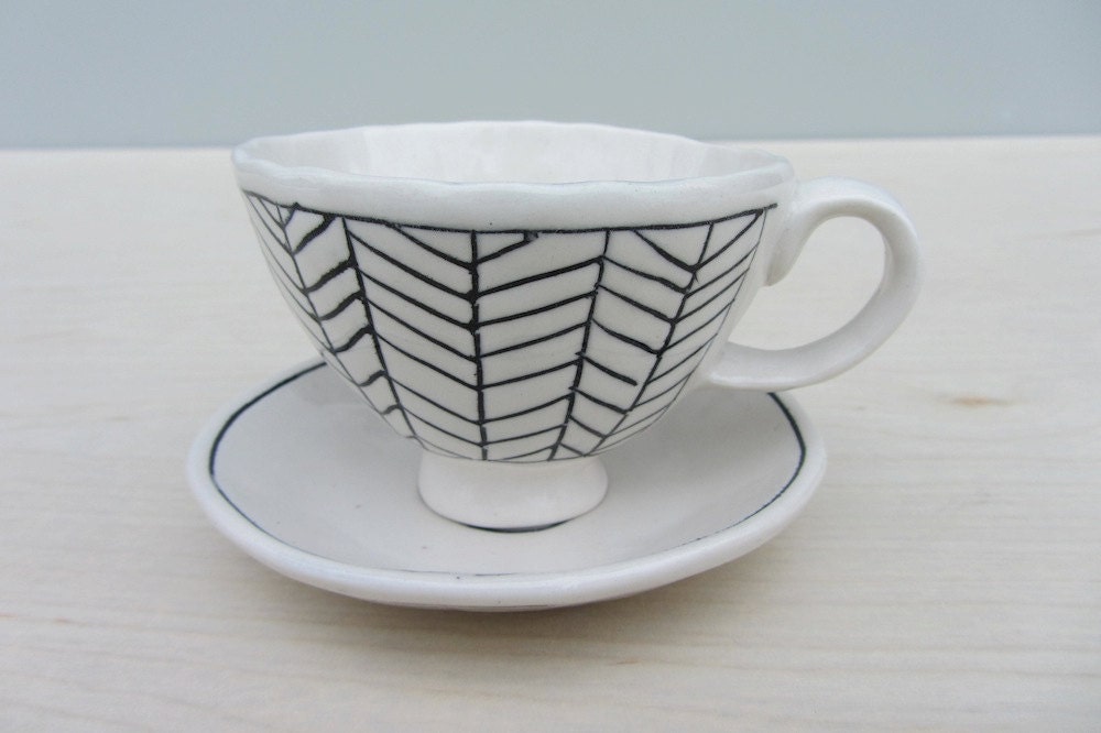 Made to Order Herringbone Espresso Cup and Saucer in Black and White