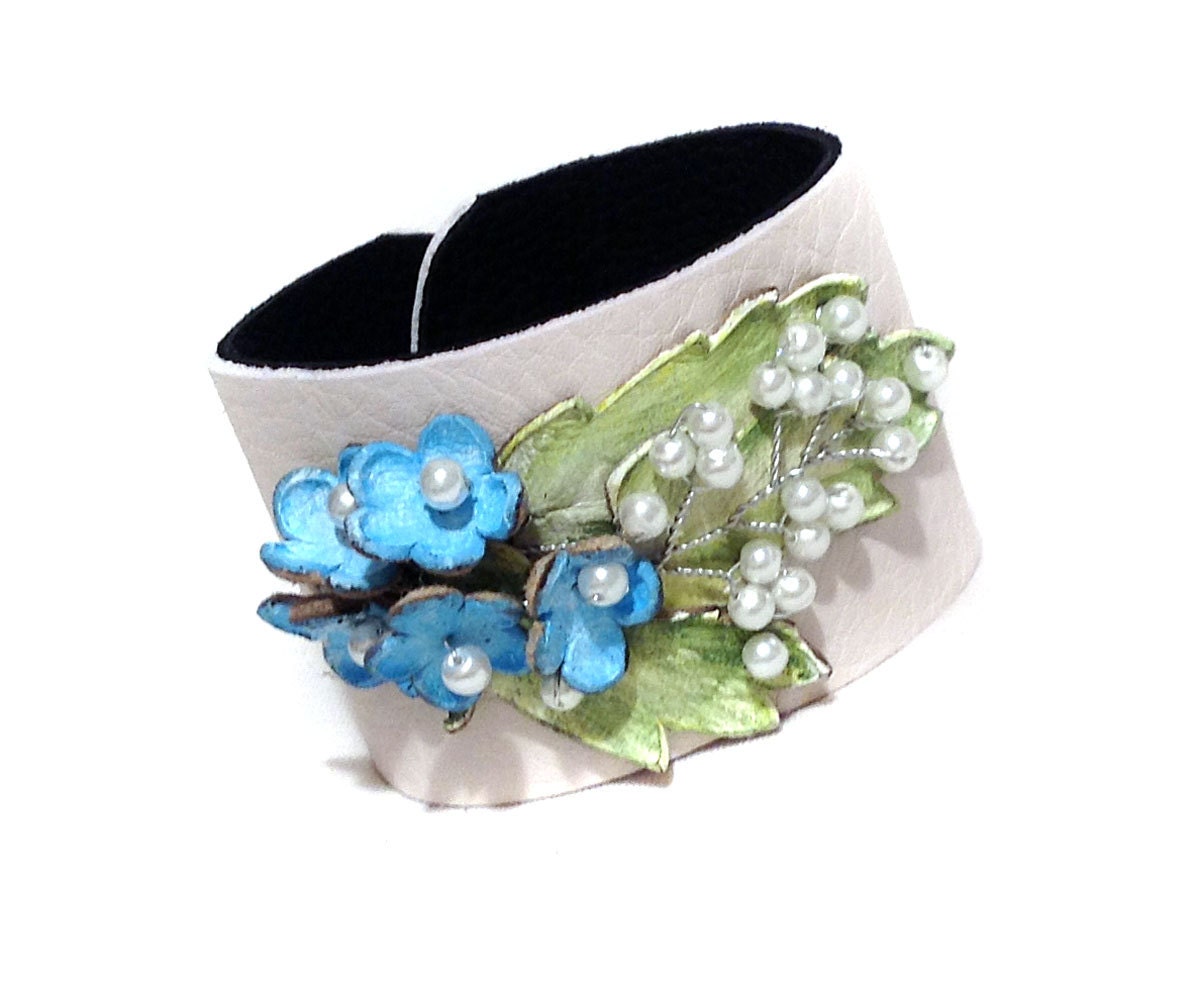 Floral Leather bracelet. Elegant leather cuff bracelet. Leather jewelry. "Inspired by nature" collection
