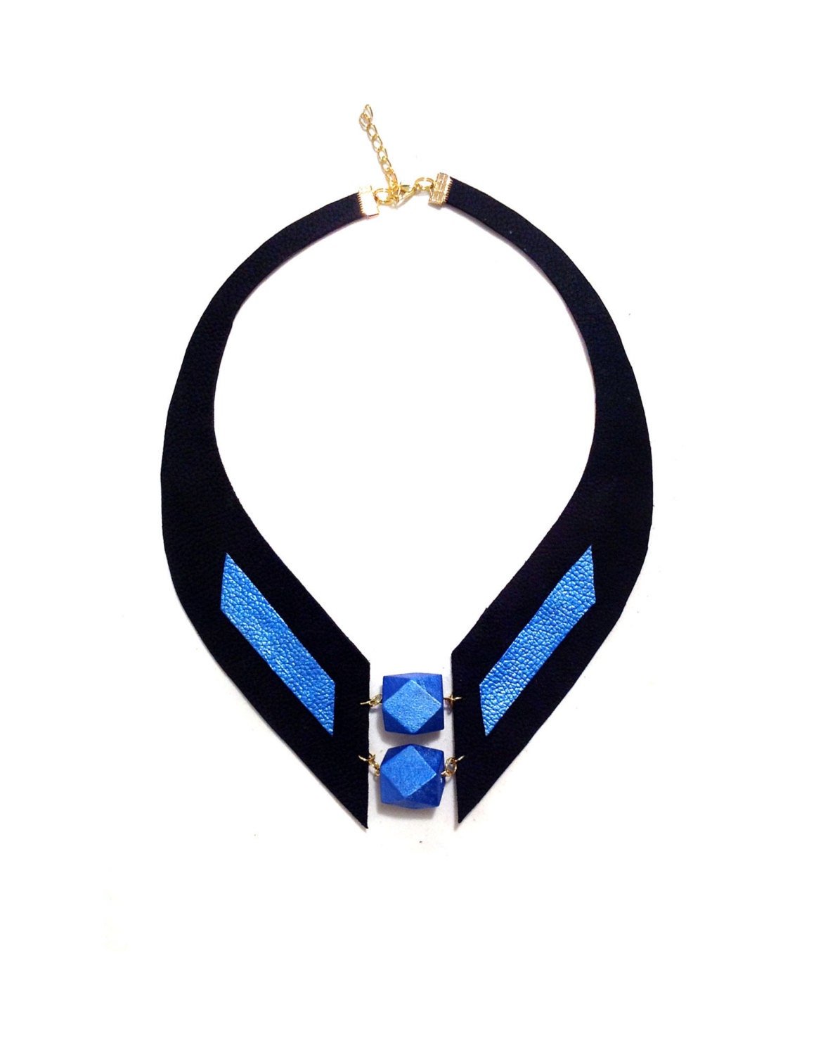 30% OFF SALE Geometric statement necklace. Royal blue and black leather necklace.