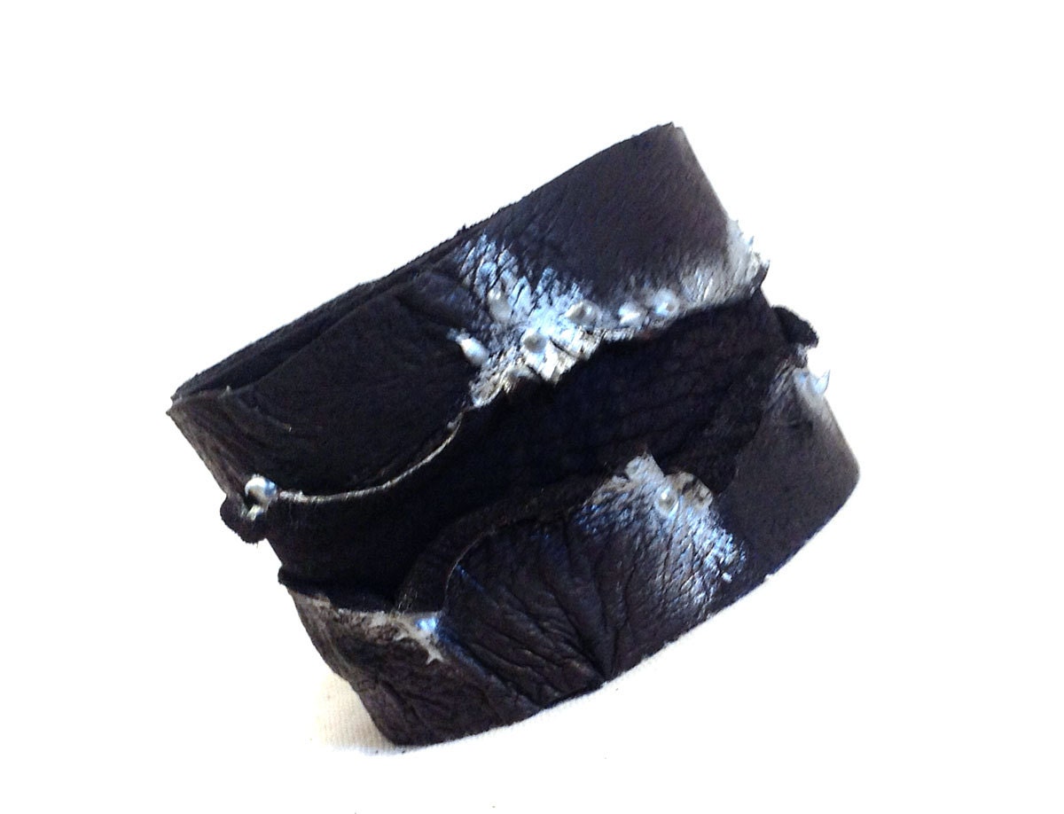 Leather cuff bracelet. Fashion women black and silver color bracelet. Statement jewelry. Leather jewelry