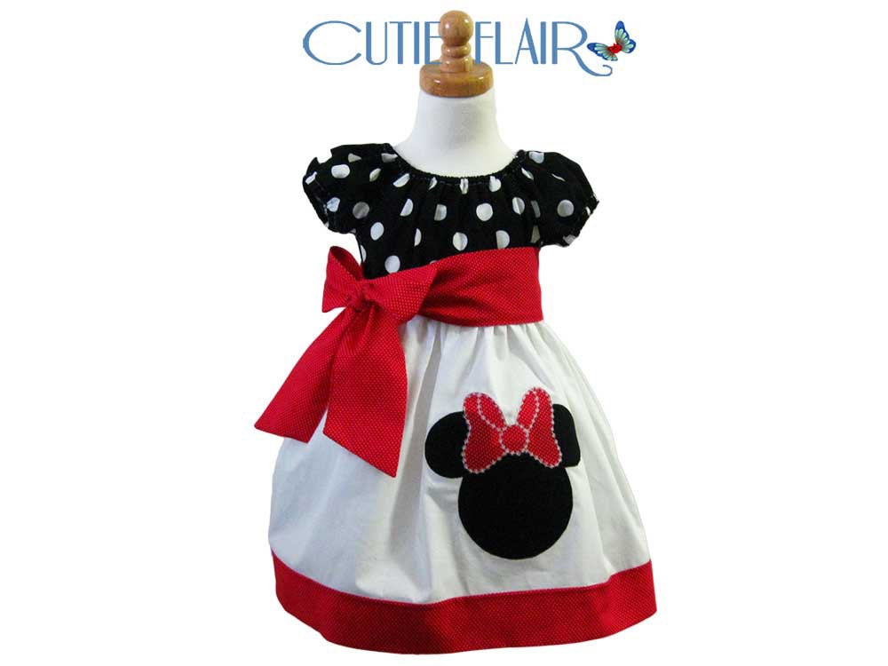 Custom Boutique style Minnie Mouse Peasant Dress Black Polkadots, White and Red with Applique
