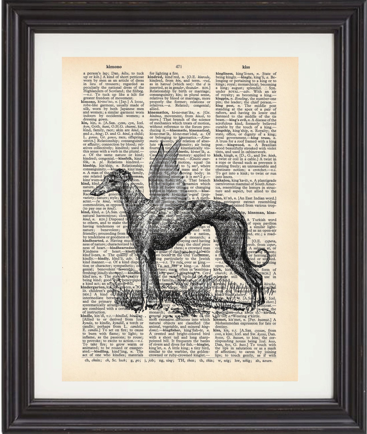 Greyhound Dog With Wings Art Print On Vintage Dictioary Book Page