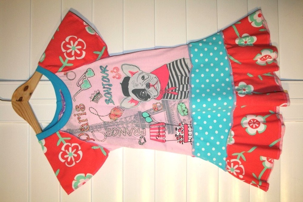 BONJOUR PARIS... recycled upcycled repurposed pieced tshirt dress/tunic size  3T/4T