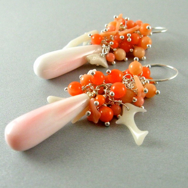 Coral and Conch Shell Cluster Earrings