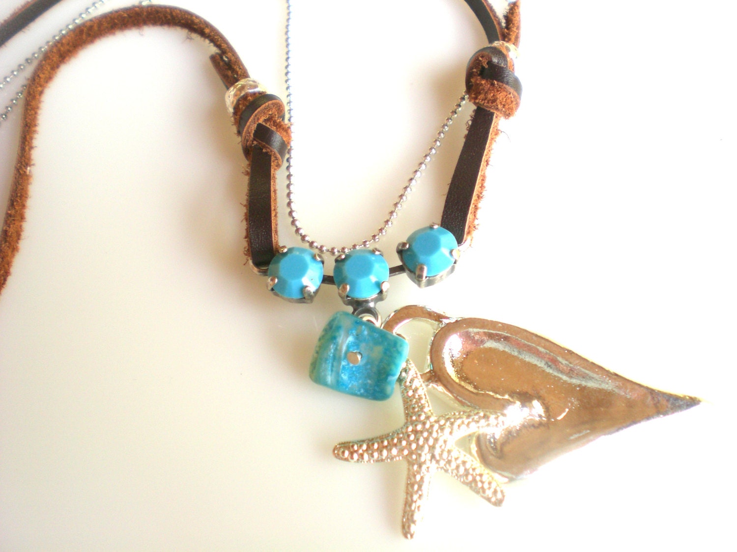 Brown Leather Charms Necklace. Turquoise Crystals Silver Starfish and  Heart necklace. Layered Necklace.
