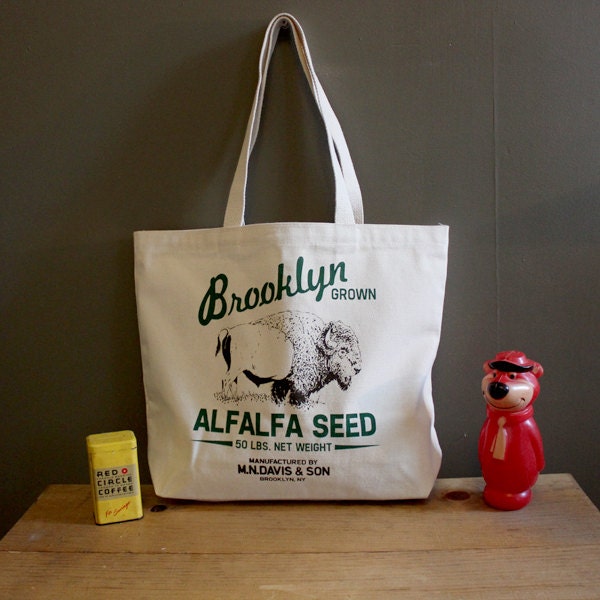 Spring Sale 25% Off Screen printed canvas tote bag - Buffalo Alfalfa Seed sack - Made in Brooklyn, NY