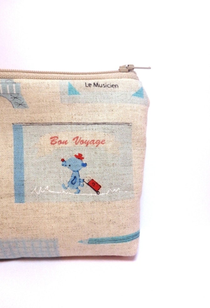 Small Zipper Pouch Coin Purse Small Wallet Cotton Linen French Travel Blue