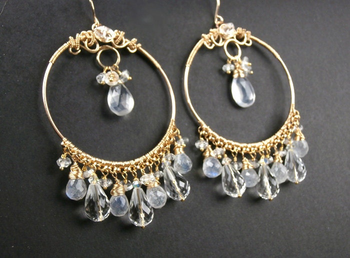 Gold Hoop Chandelier Earrings Wire Wrapped Rock Crystal Moonstone 14kt Gold Fill Statement Beach Wedding Earrings- Anita