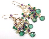 Gemstone Chandelier Earrings Emerald Green Purple Gold Vermeil Wire Wrapped Gemstone Long Statement Earrings - Leonora