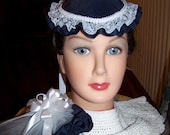 Ladies Civil War Hat Navy with White Braid and Satin Ribbons
