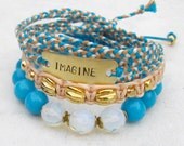 IMAGINE stack bracelets friendship bracelet set  macrame beaded hand stamped stretch bracelets blue beige