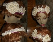 Hair headband wedding romantic vintage look costume flapper edwardian pink rose white romantic