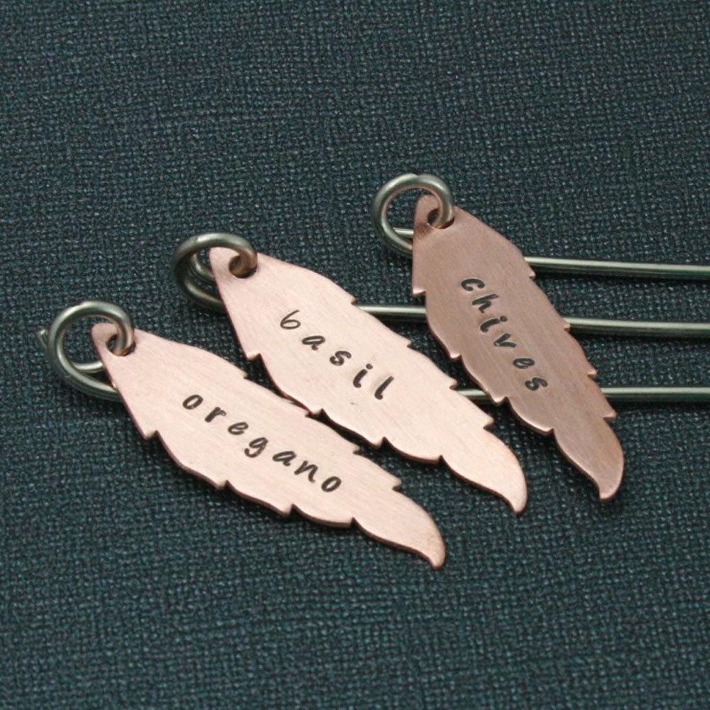 NEW Birds of a Feather Garden Markers--Custom Stamped Copper and Nickel Plant Markers--Hand Stamped w/ Plants/Herbs of YOUR choice set of 3