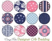 Custom Crib Bedding - Water Lily - Navy Pink Flowers Bamboo  - Bumpers Sheet Skirt by Cottage Belles