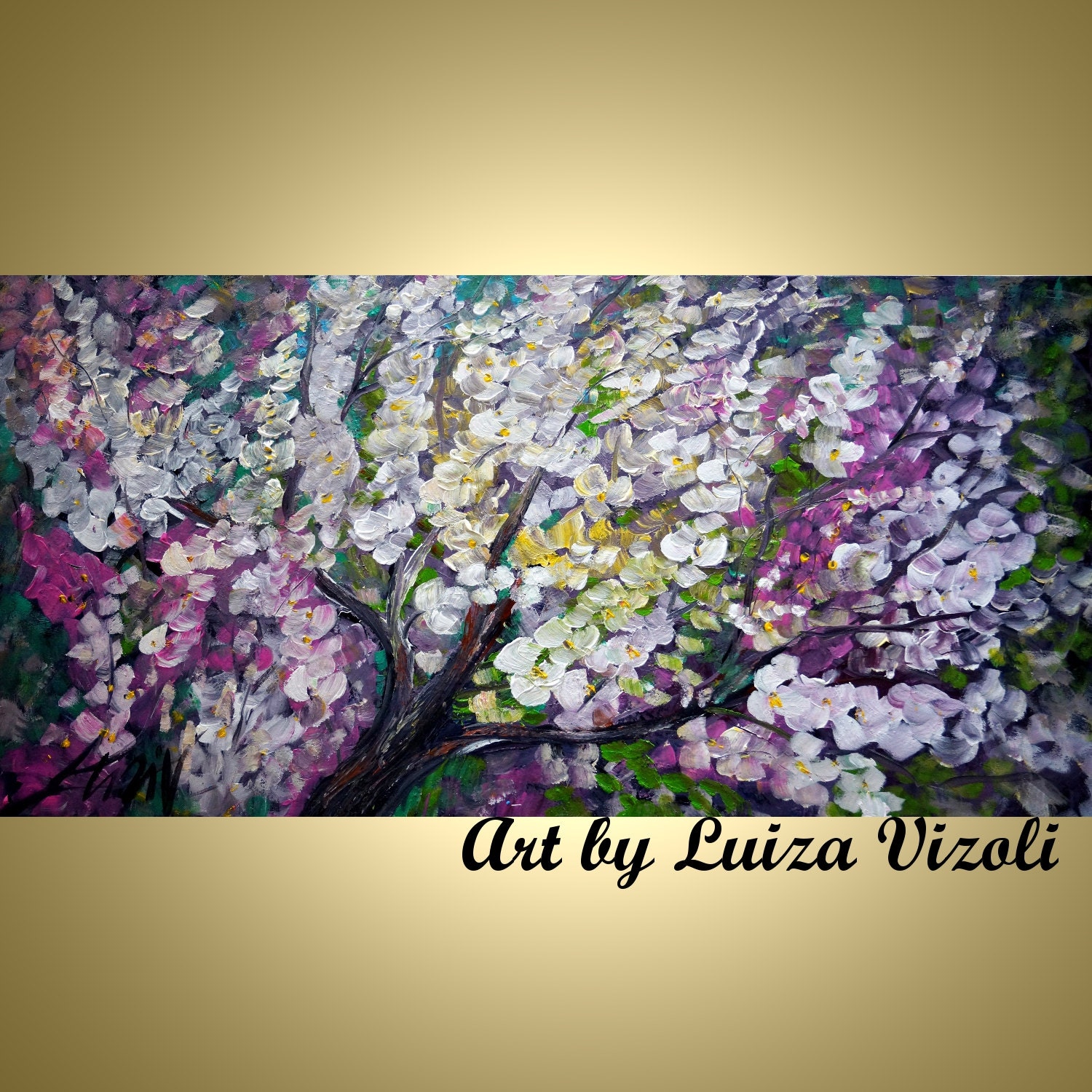 Large Oil Painting Spring Magnolia Tree Flowers Landscape White Pink Purple Green Fine Art by Luiza Vizoli