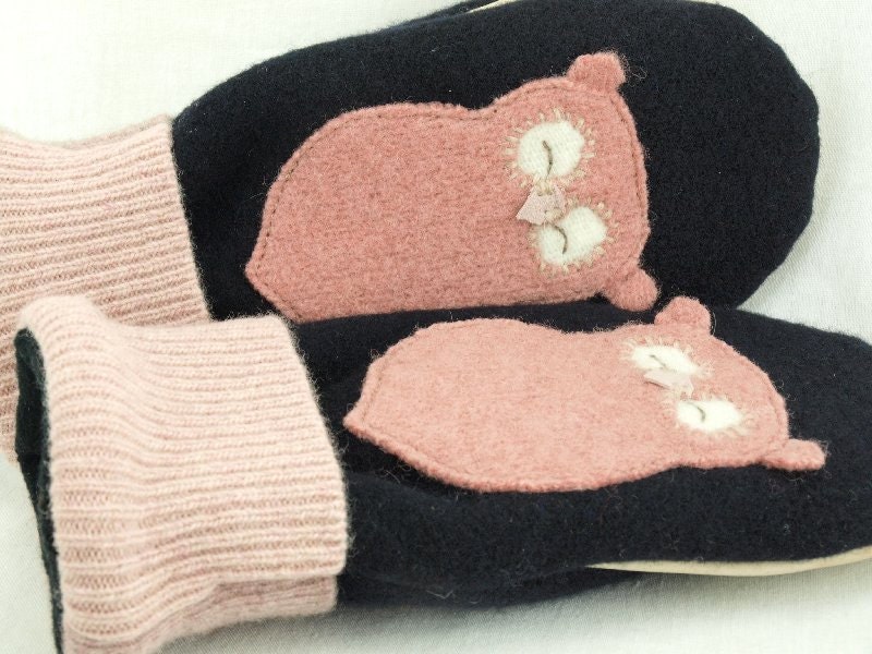 Wool Mittens Owl Felted Sweater Mittens Dark Grey and Pink Applique Fleece Lining Leather Palm Eco Friendly Size S/M