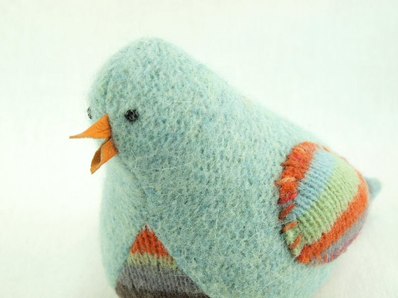 Eco Friendly Home Decor Bird Felted Wool in Light Turquoise Lamb Wool Stuffing Up Cycled Height 4"