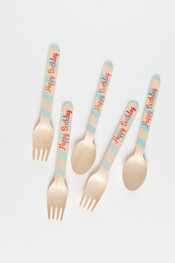 Happy Birthday -20 Wooden Utensils - Perfect Alternative To Plastic Utensils For Parties Il_570xn