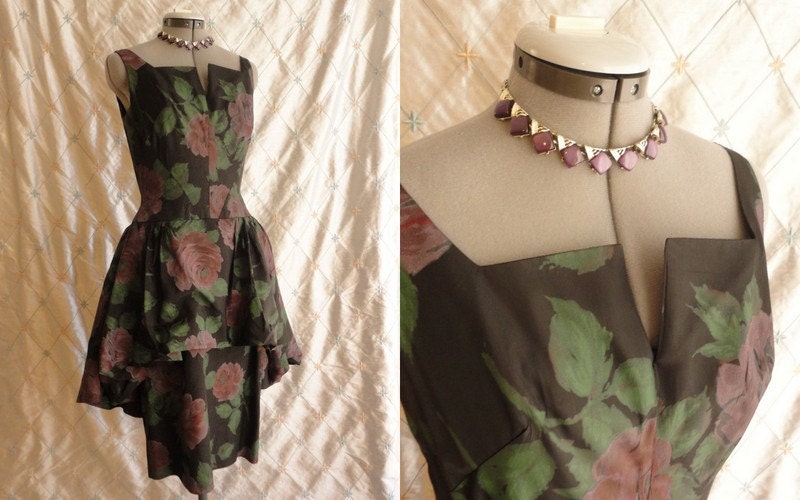 50s Dress // Vintage 1950s Black with Lavender and Maroon Roses Taffeta Party Dress with Bubble Skirt Size M