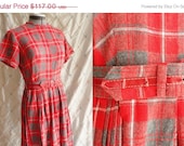 Sale 50s Dress // Vintage 1950s Red and Grey Plaid Wool Pleated Dress Size M