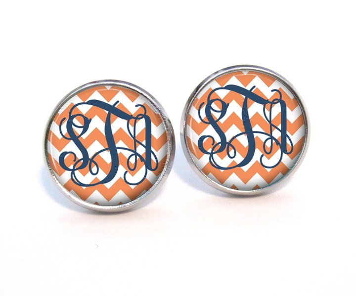 Monogram Stud Earrings Orange Chevron  (415)