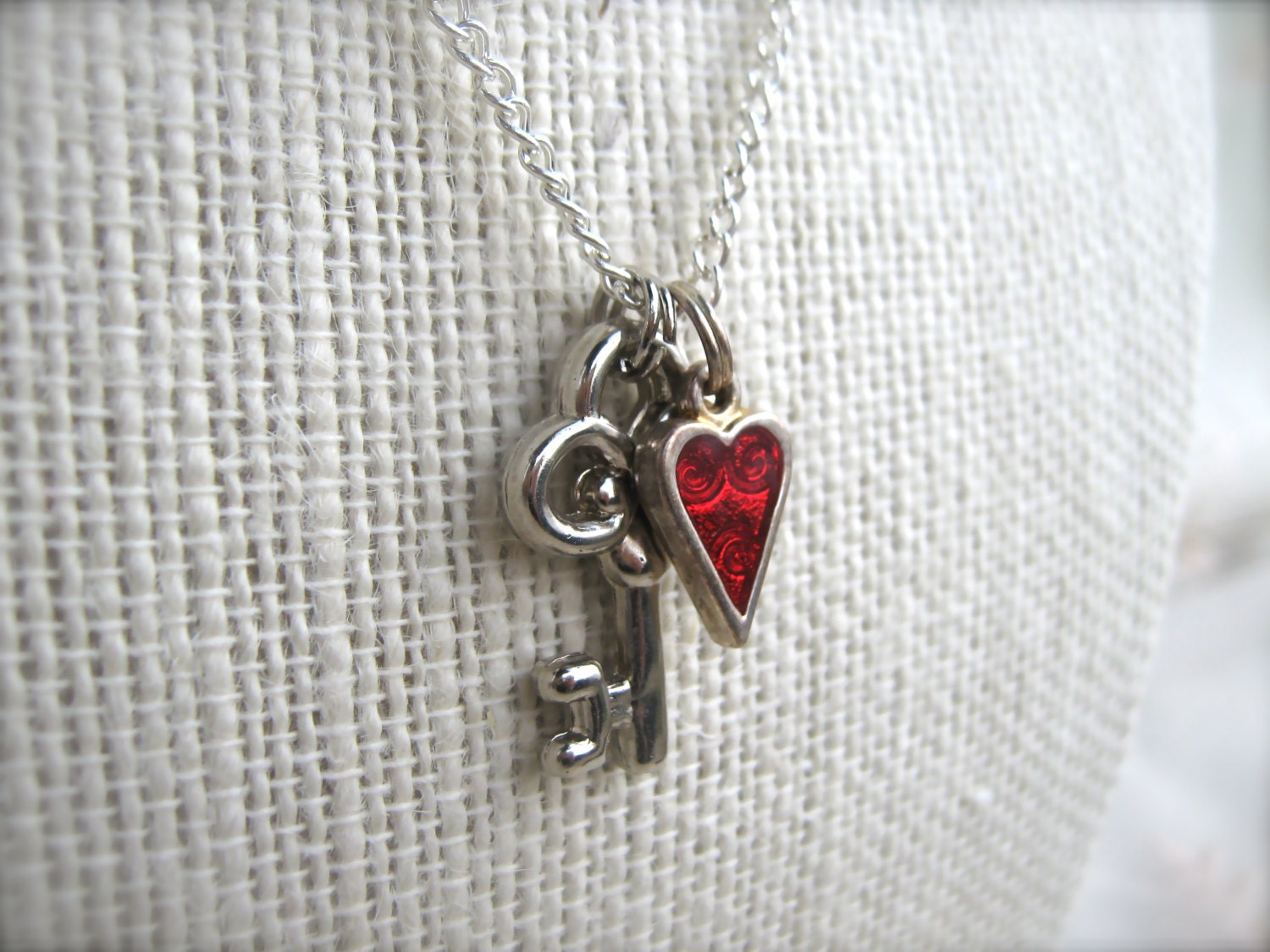 Key to My Heart Necklace. Skeleton Key Necklace. Red Heart Charm. Silver Necklace. Valentines Day Jewelry. Heart Necklace.