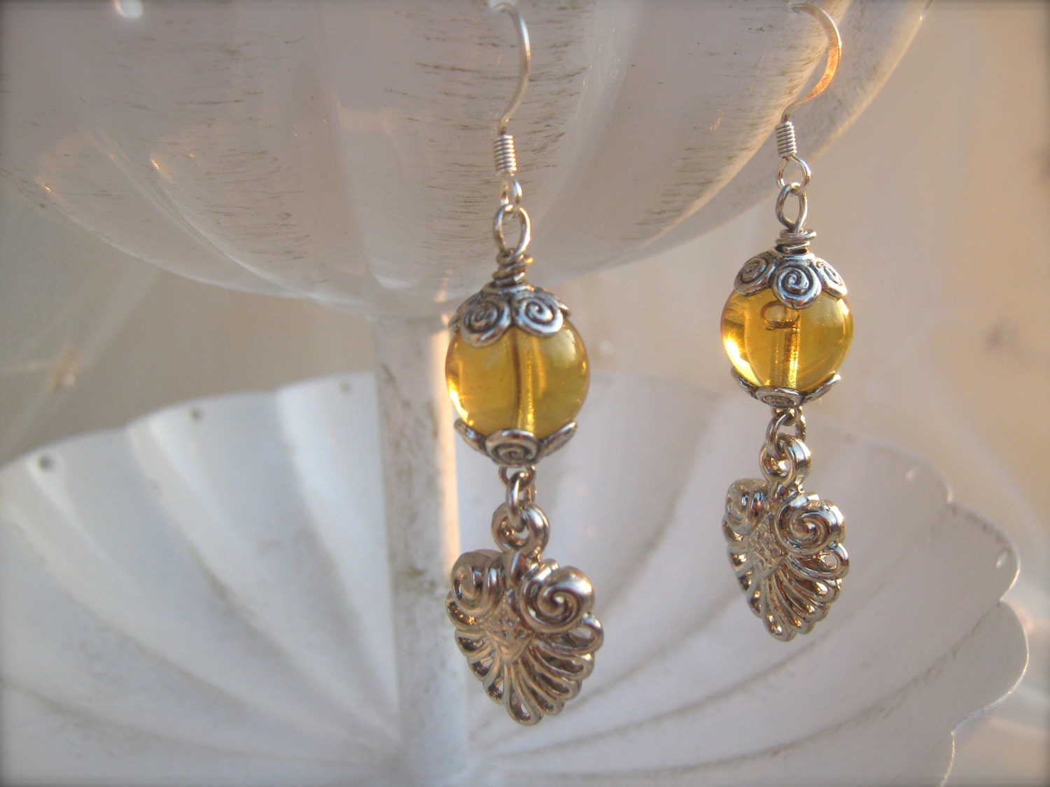 Yellow Silver Drop Earrings. Vintage Upcycled. Sunny Yellow Earrings. Shiny Earrings. Silver and Yellow Dangle Earrings.