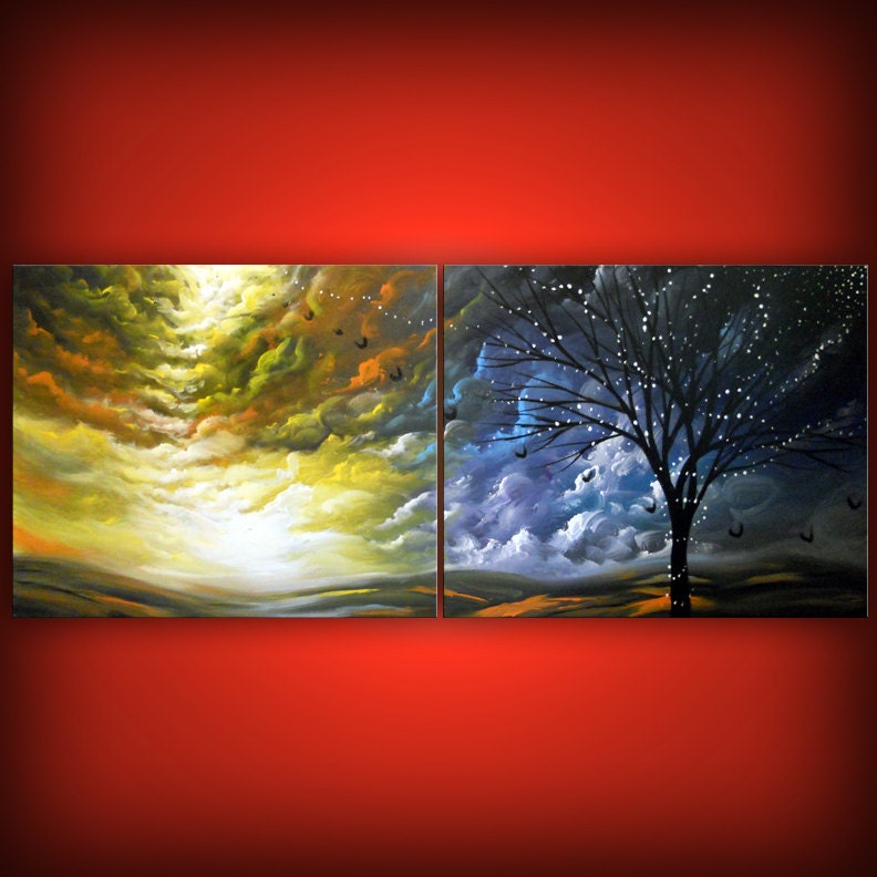 art abstract painting original oil painting acrylic yellow clouds red tree painting sunset HUGE 56 x 22 Mattsart