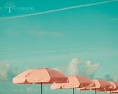 Fine Art Abstract Photograph. If Umbrellas Could Dream. Coral Umbrellas. Clouds. Teal Green Blue Sky. Home Decor 8x12 Print
