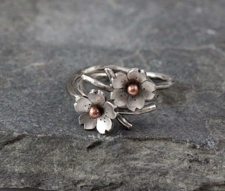 Cherry Blossom Branch Adjustable Ring in Silver, Spring Jewelry, MADE to ORDER, Plum blossom, Twig ring, Bridal accessories, wedding jewelry