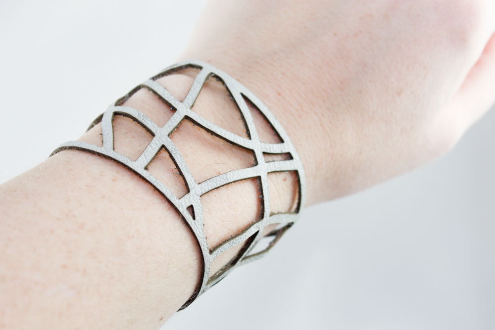 Leather Cuff Bracelet - Geometric Cutouts - Laser Cut (Pale Blue)