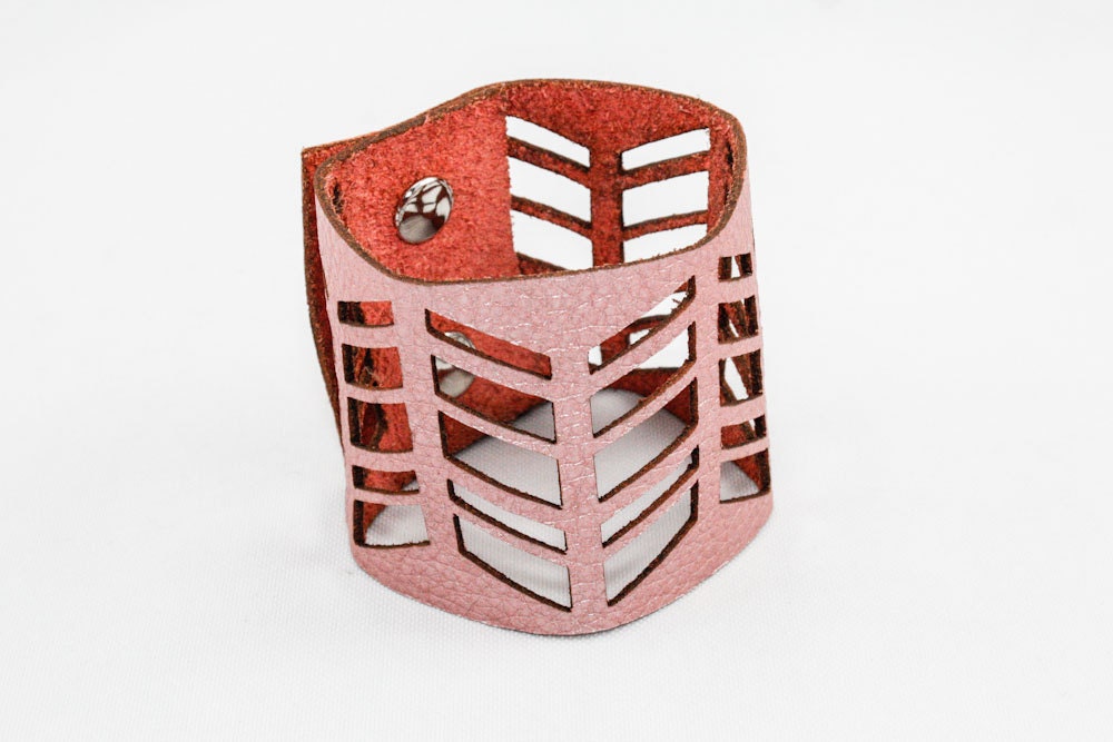 Leather Cuff Bracelet - Chevron - Laser Cut (Shimmery Pink Grapefruit)