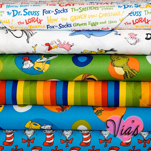 Celebrate Dr. Seuss : Cat In The Hat Character Bundle Colorful Stripes Storybook Kids Quilt Cotton Fabric SIX FAT QUARTERS Bundle  Kit