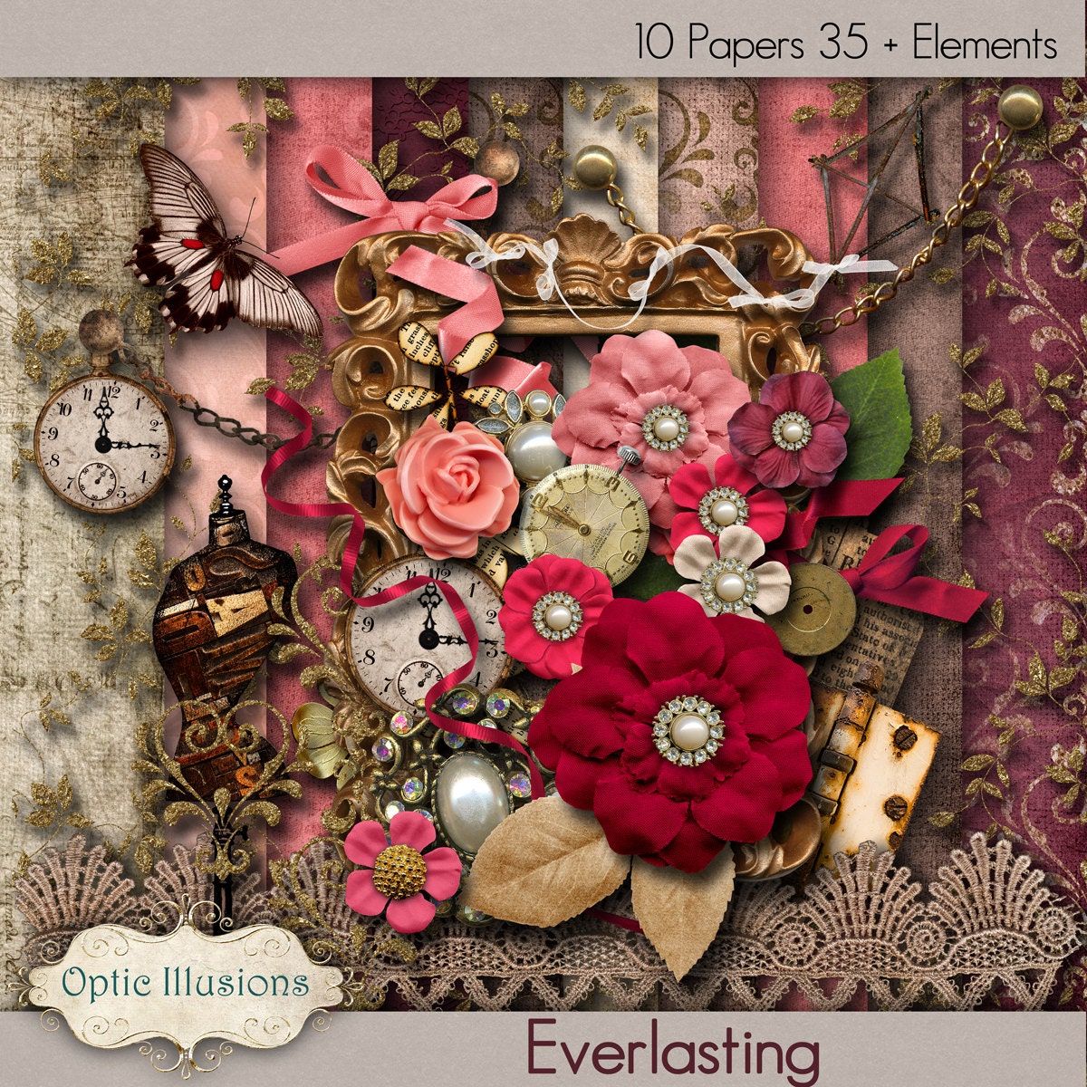 EVERLASTING - Digital Scrapbooking Kit - 10 Papers and 35 Elements -