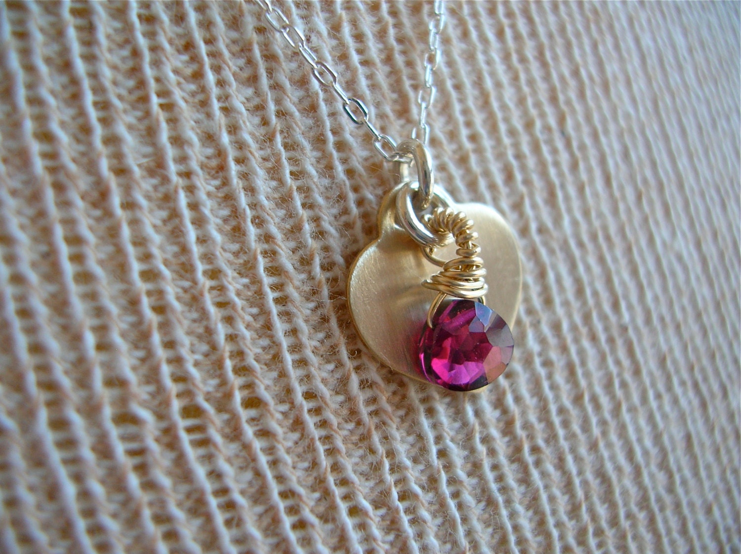 Love is Precious Small Golden Brass Heart with Garnet or Birthstone Drop on Sterling Silver