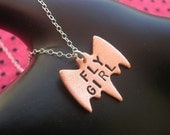 FLY GIRL--Bird Necklace--Copper Bat Charm Necklace, Fab