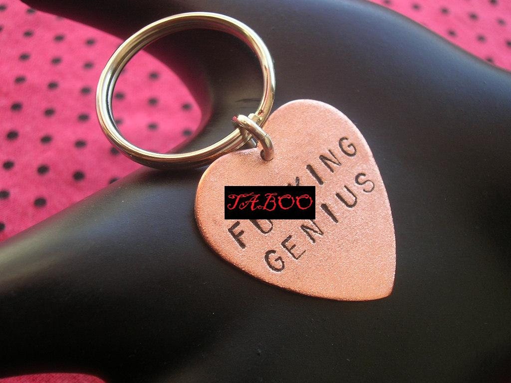 F .CKING GENIUS Keychain--Stamped Copper Heart Keychain, Copper  Key Ring, Womens Keychain, Mens Keychain, Unisex, MATURE, Fuck Keychain